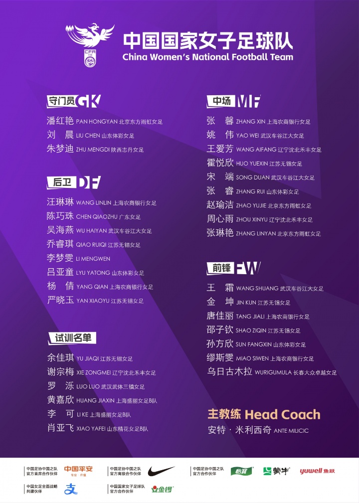 中國女足新一期名單：王霜、李夢雯、張琳艷、吳海燕、唐佳麗在列